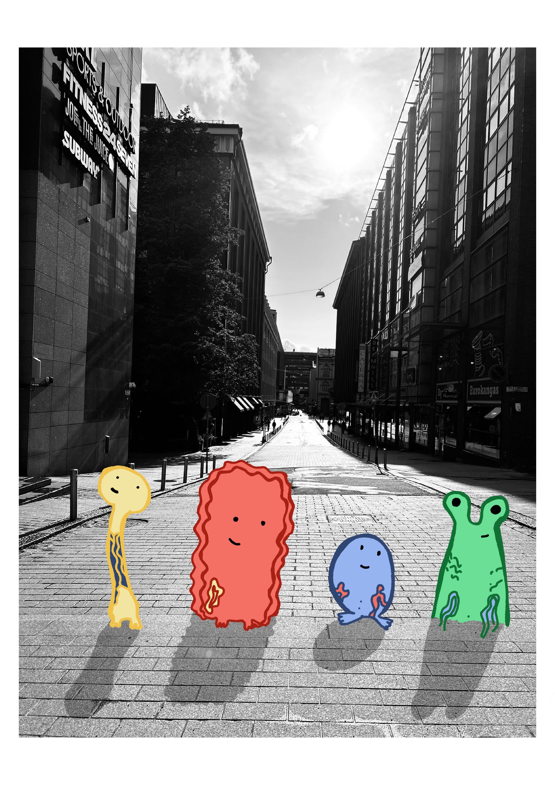 Colorful cartoon characters on a black and white city street